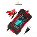 Cargador inteligente de reparación por pulso para baterías de 12V y 24V, con pantalla digital, cables rojos y negro, enchufe y logotipo Tecnosanta.