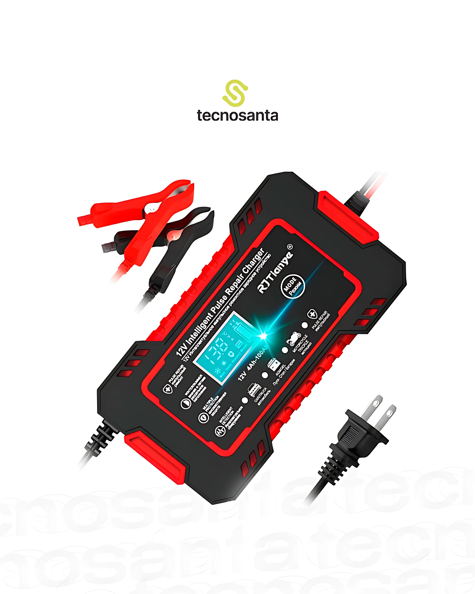 Cargador inteligente de reparación por pulso para baterías de 12V y 24V, con pantalla digital, cables rojos y negro, enchufe y logotipo Tecnosanta.