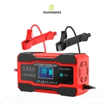 Cargador inteligente de reparación por pulso para baterías de 12V y 24V, color rojo con pantalla digital y pinzas de conexión.