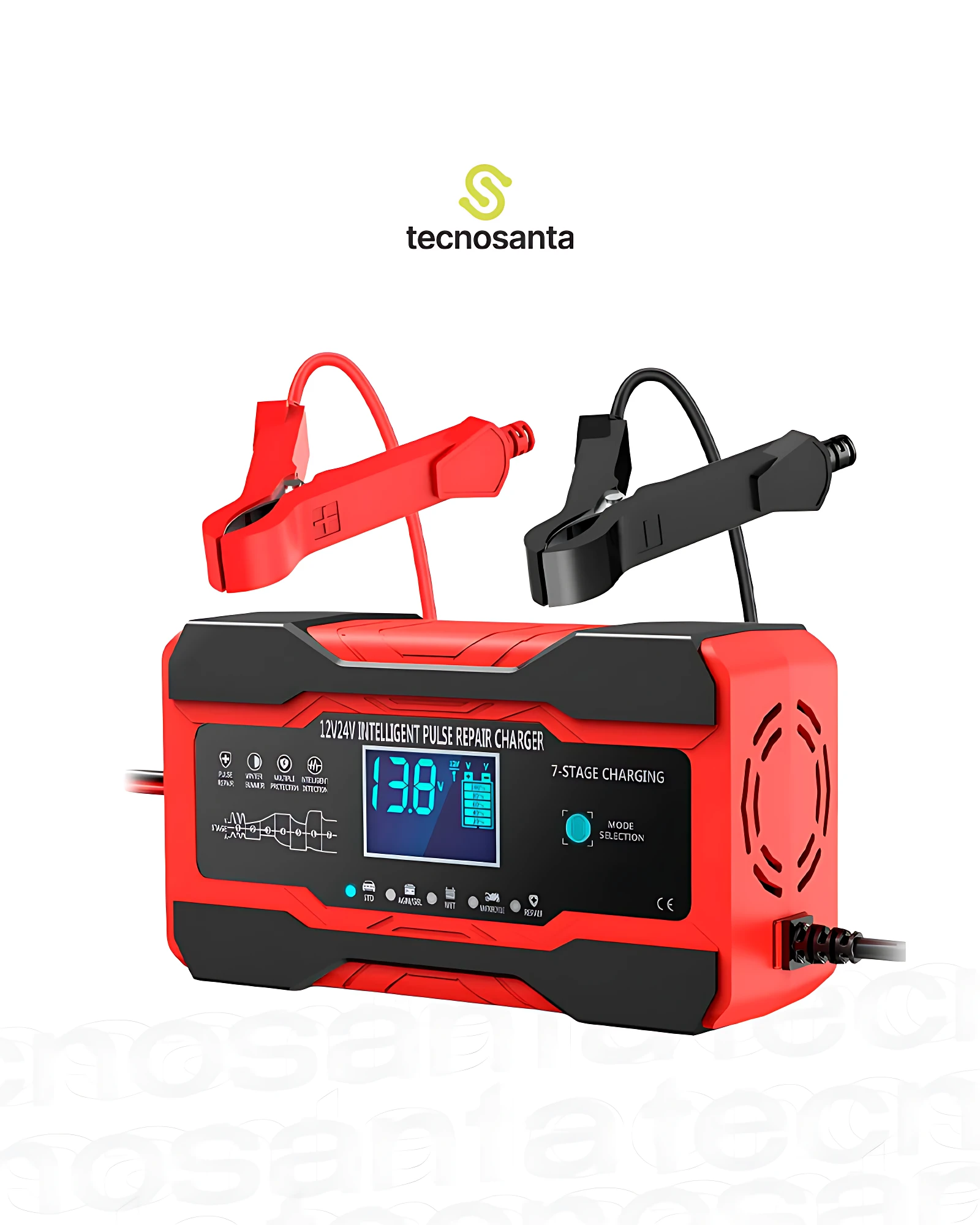 Cargador inteligente de reparación por pulso para baterías de 12V y 24V, color rojo con pantalla digital y pinzas de conexión.