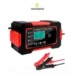 Cargador inteligente de reparación por pulso de 12V, color negro con detalles rojos, pantalla digital verde y pinzas de conexión rojas y negras.