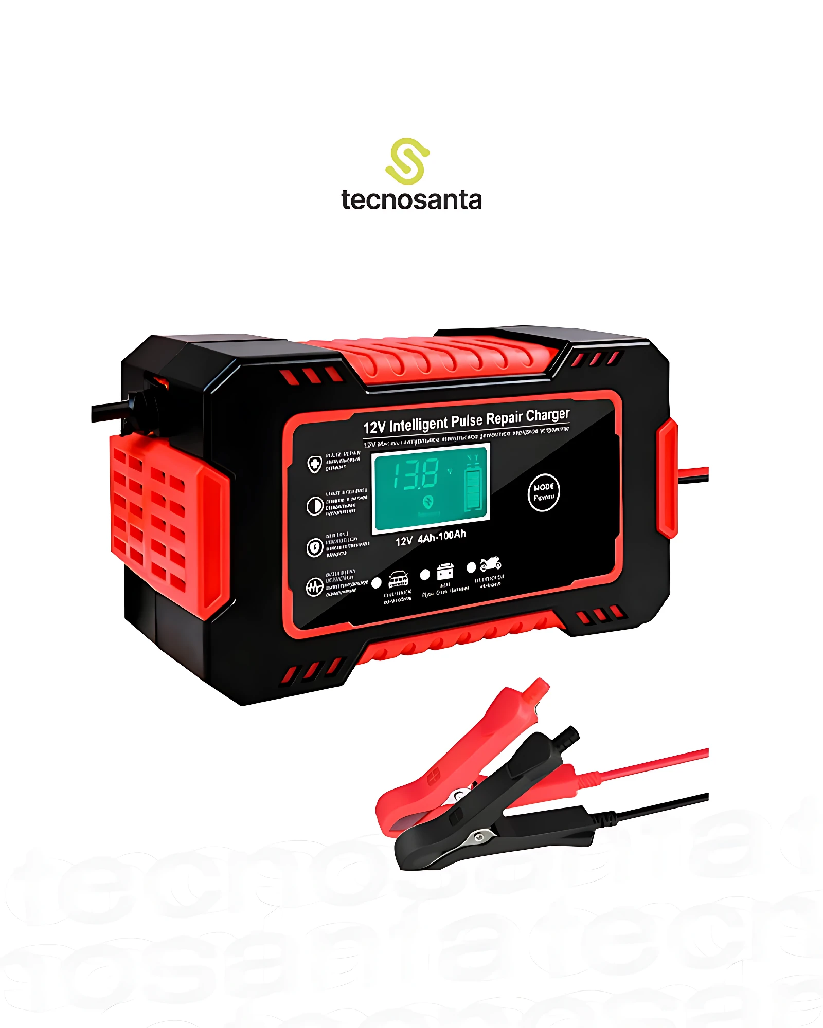 Cargador inteligente de reparación por pulso de 12V, color negro con detalles rojos, pantalla digital verde y pinzas de conexión rojas y negras.