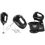 Batidora 3 en 1 negra con accesorios: batidoras de mano, varillas y batidoras de inmersión.