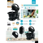 Batidora multi-mixer negra con base pedestal y accesorios de mano, incluye vaso mezclador, batidor de varillas y batidor de huevos. Diseño compacto para cocina moderna.