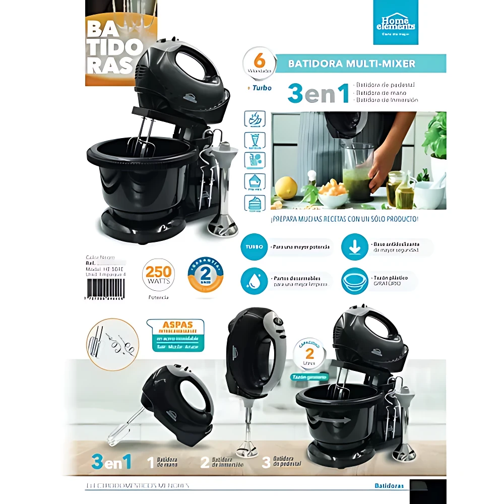 Batidora multi-mixer negra con base pedestal y accesorios de mano, incluye vaso mezclador, batidor de varillas y batidor de huevos. Diseño compacto para cocina moderna.
