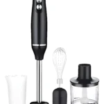 Batidora de mano Sokany negra con accesorios: vaso, batidor, procesador y tapa. Diseño ergonómico para salsas, purés y sopas.