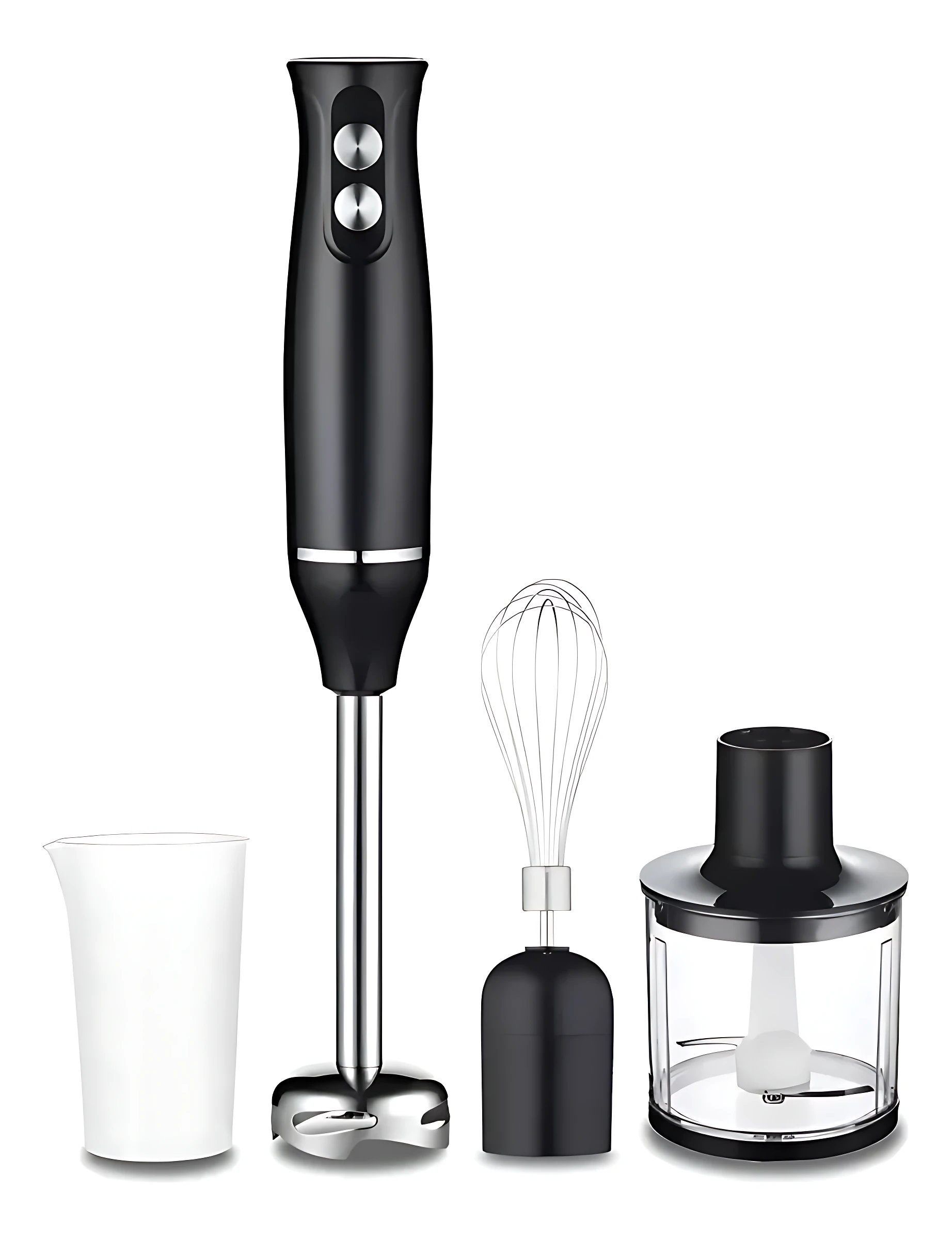 Batidora de mano Sokany negra con accesorios: vaso, batidor, procesador y tapa. Diseño ergonómico para salsas, purés y sopas.