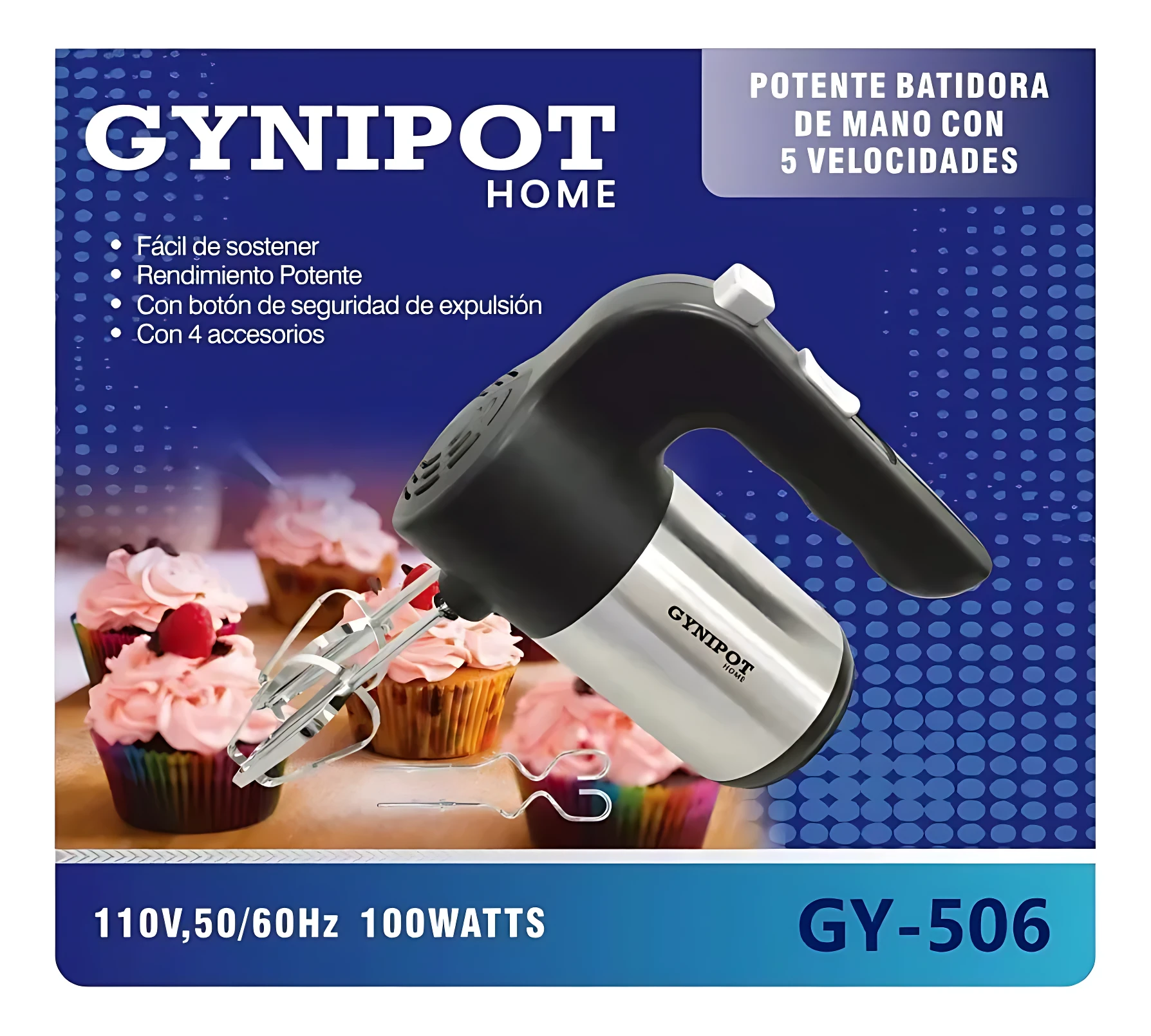 Batidora manual Gynipot modelo GY-506, color negro y plateado, con accesorios metálicos visibles, sobre cupcakes decorados.