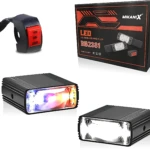 Kit de luces exploradoras Slim con interruptor, modelo BB2381 de MIKANI X, mostrando caja, unidad principal encendida con luz multicolor, unidad apagada y interruptor negro con botones rojos.