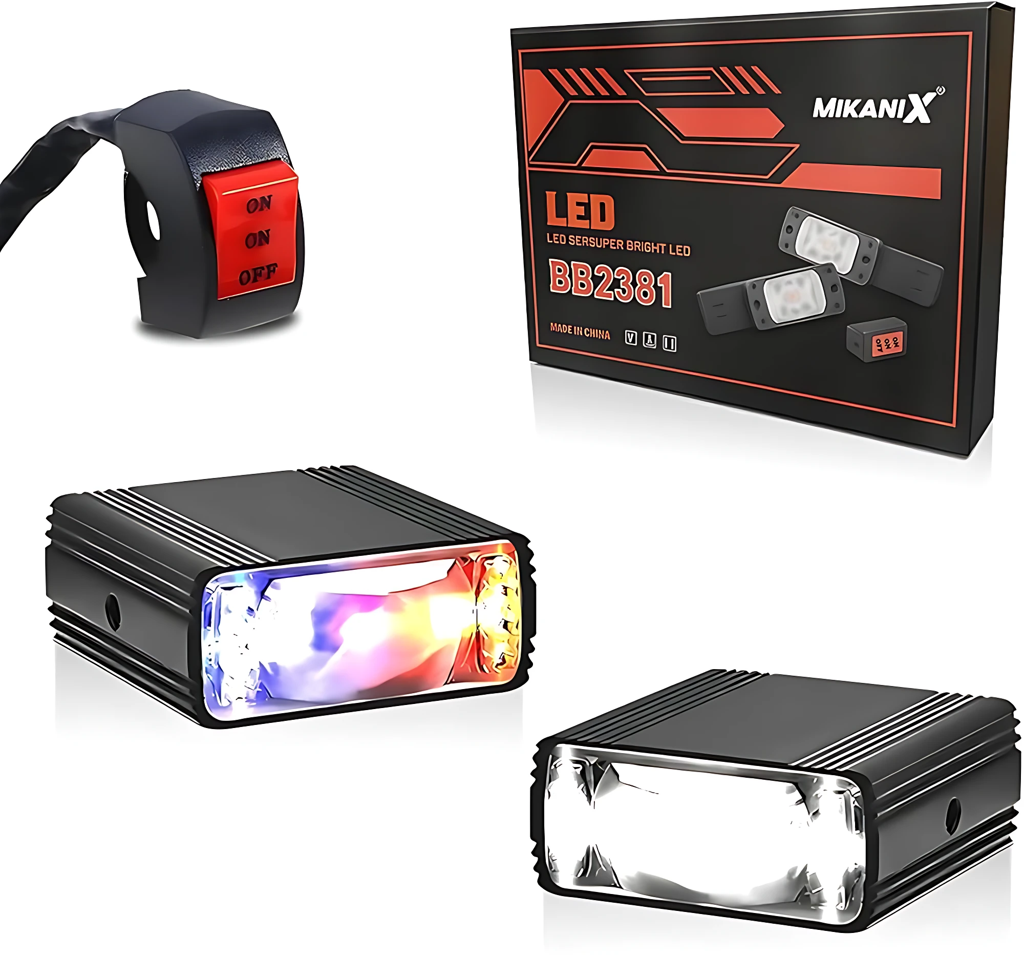 Kit de luces exploradoras Slim con interruptor, modelo BB2381 de MIKANI X, mostrando caja, unidad principal encendida con luz multicolor, unidad apagada y interruptor negro con botones rojos.
