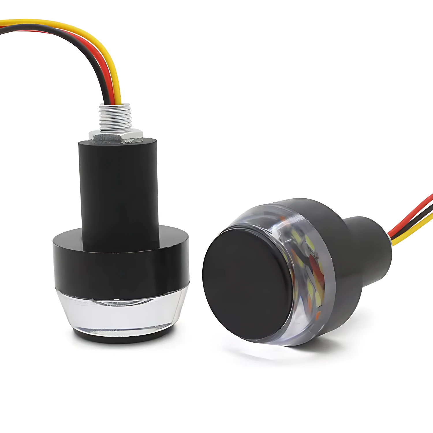 Dos pesas LED para manubrio en negro con base transparente y cables multicolores, mostrando vista frontal y lateral.