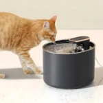Gato naranja bebiendo agua de bebedero automático negro con filtro y bomba, sobre superficie blanca.