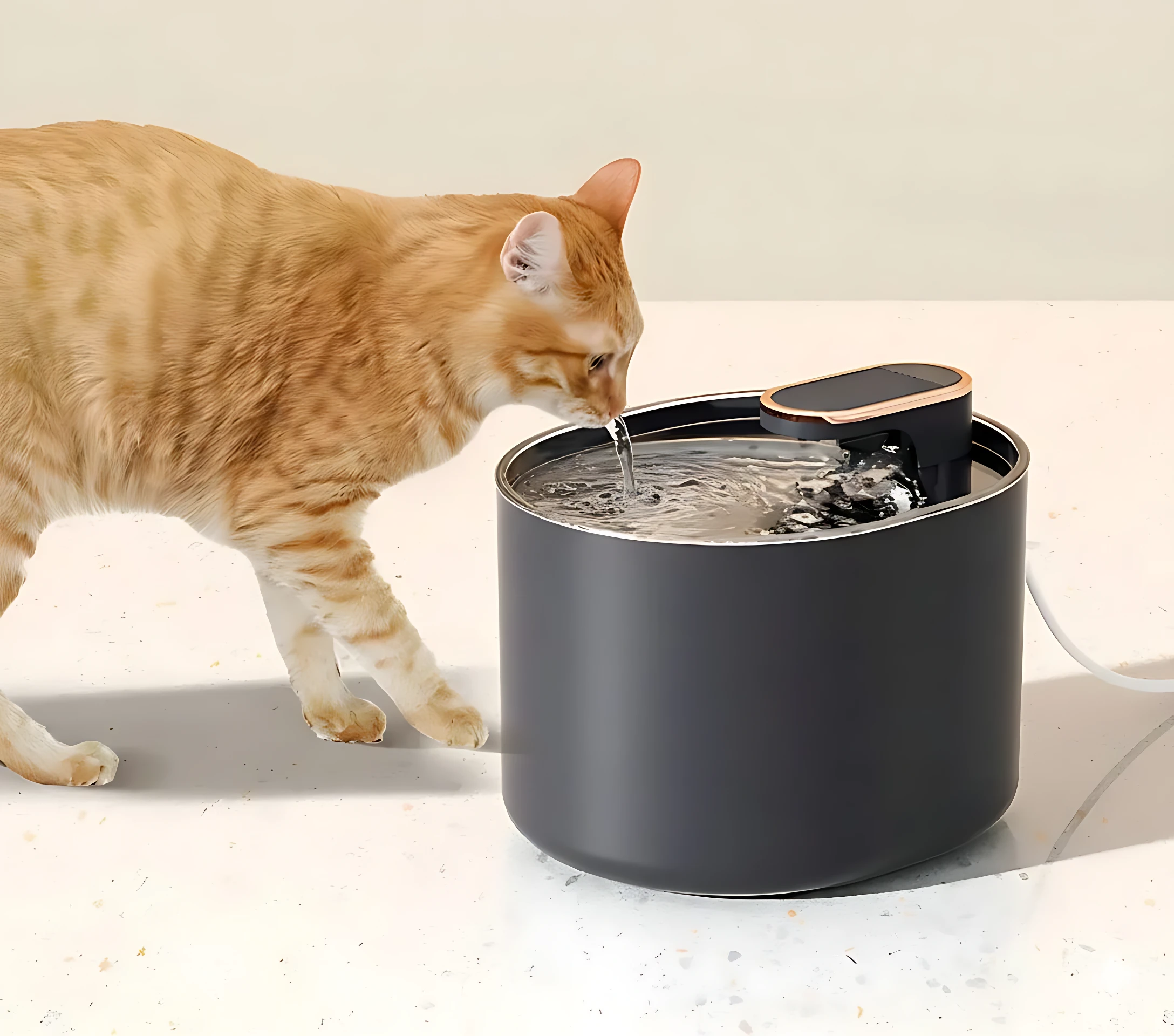 Gato naranja bebiendo agua de bebedero automático negro con filtro y bomba, sobre superficie blanca.