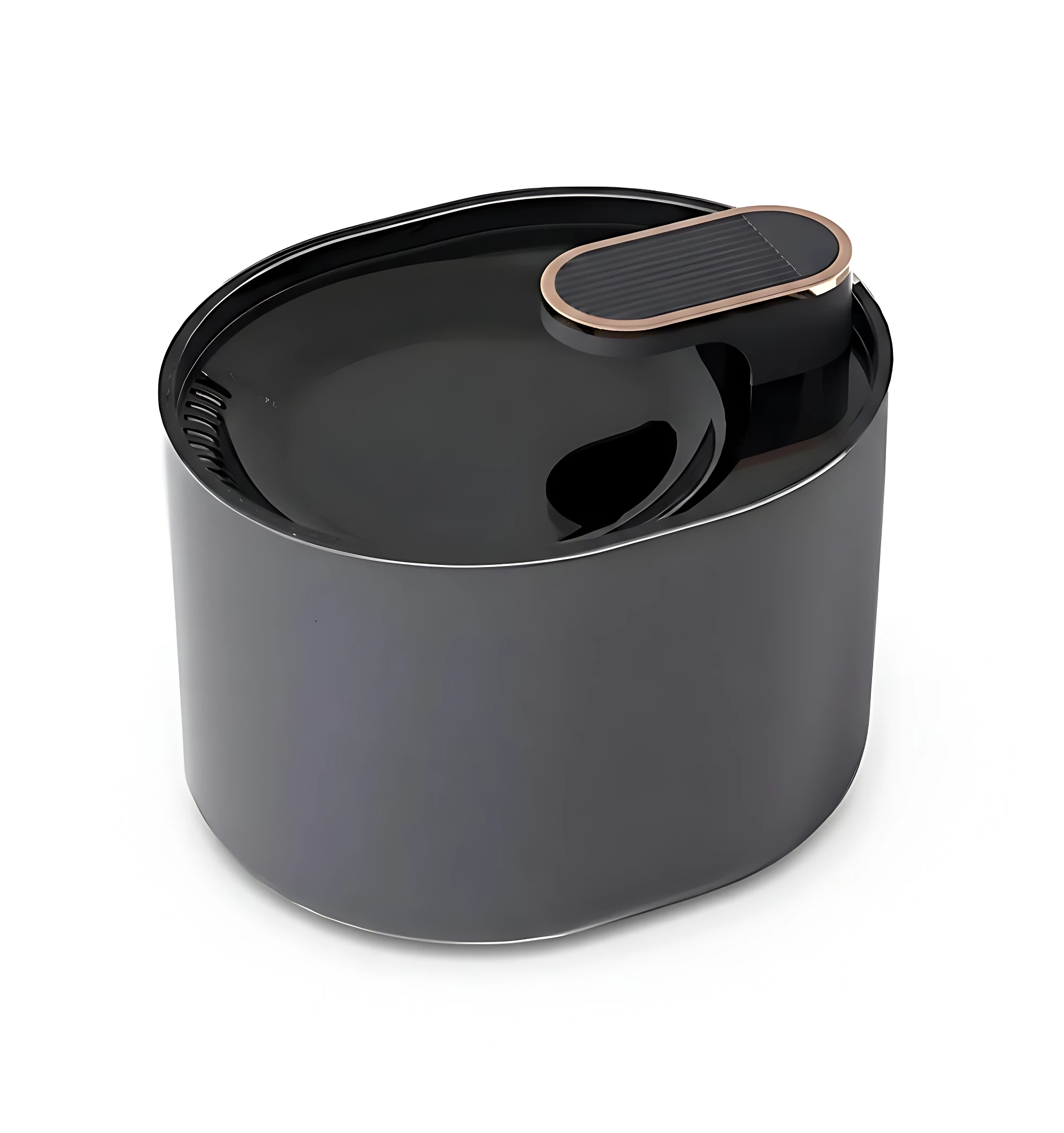 Bebedero automático negro con tapa y dispensador de agua, diseñado para mascotas.