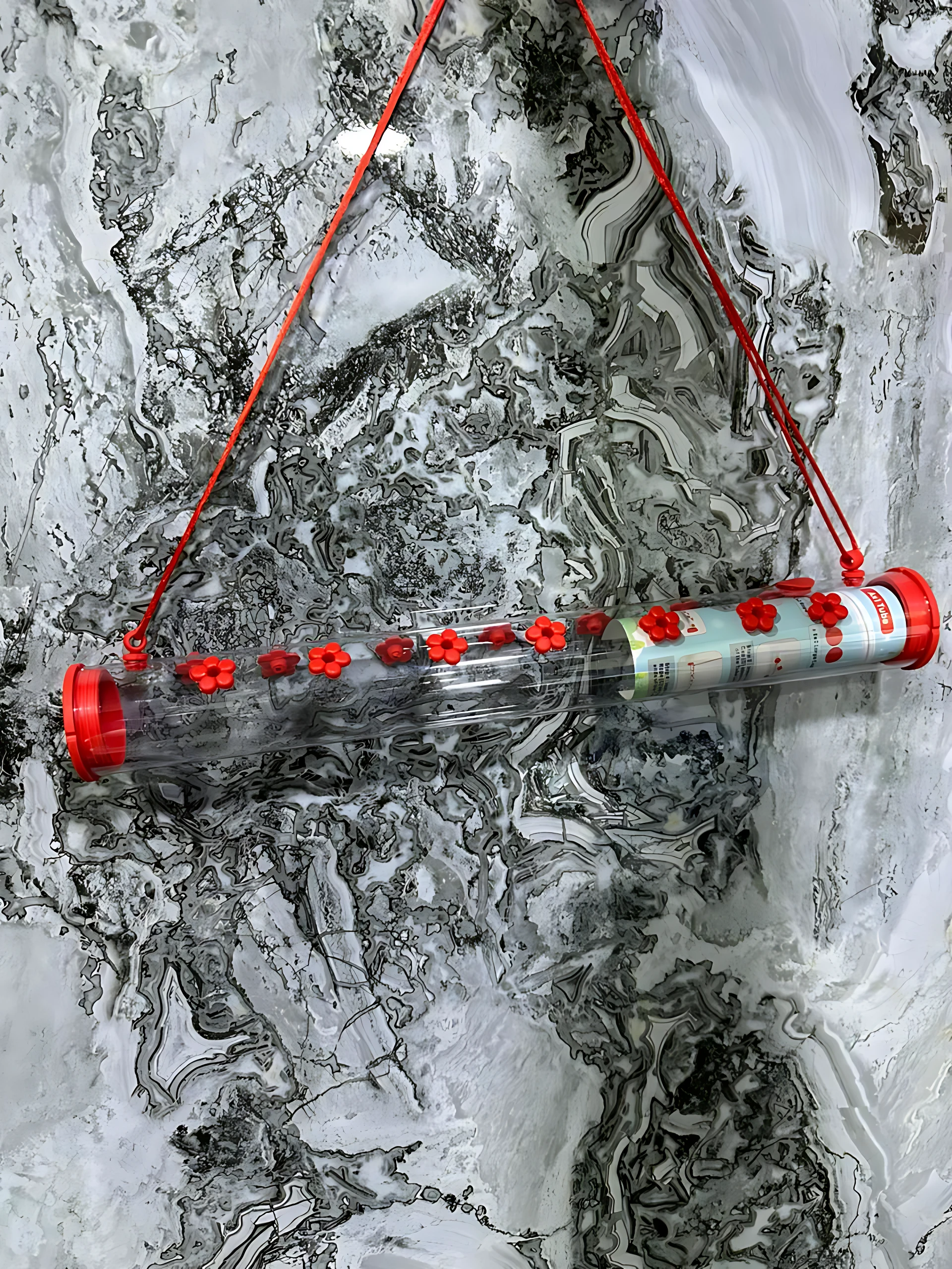 Bebedero para colibríes con tapas rojas antiparasitos, colgado por cuerdas rojas sobre fondo de mármol blanco y gris.