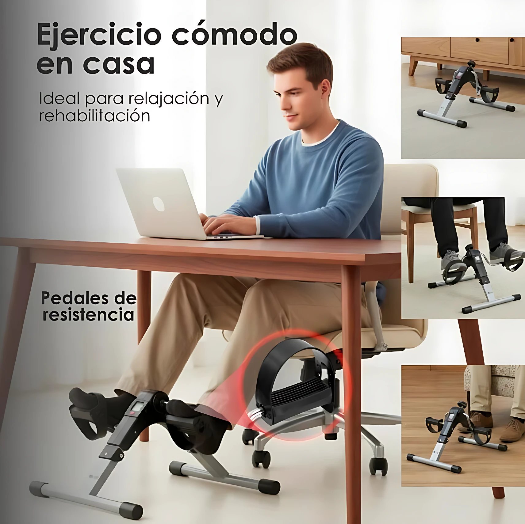 Bicicleta estática portátil K6 Mini en uso por hombre sentado en oficina, con pedales de resistencia y diseño compacto para ejercicio en casa.