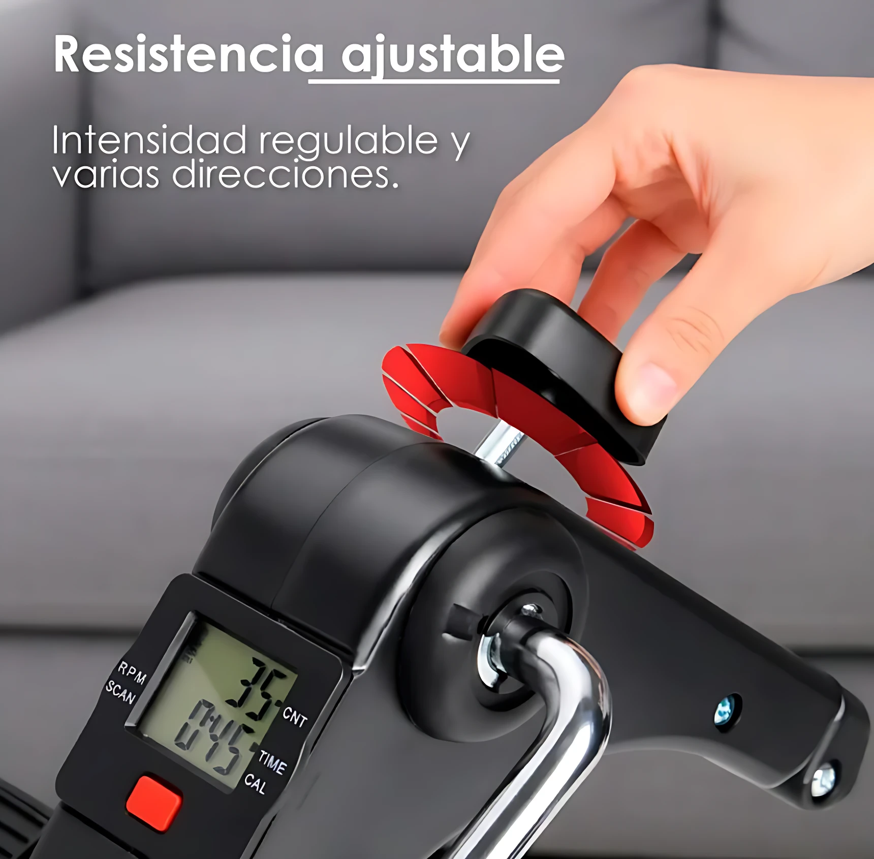 Bicicleta estática portátil K6 Mini en color negro, con pantalla digital mostrando RPM y tiempo, y resistencia ajustable con palanca roja y mango ergonómico.