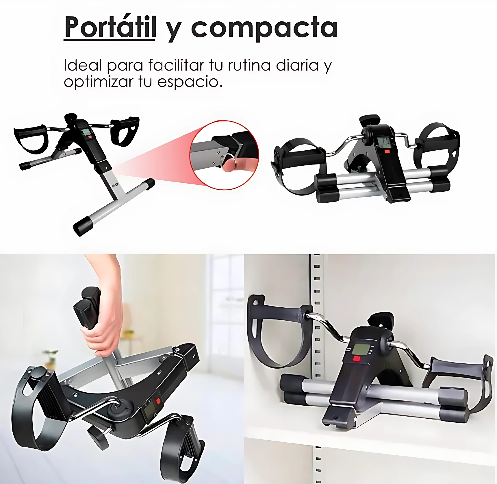 Bicicleta estática portátil K6 Mini en color negro y plateado, mostrando su diseño compacto, sistema de plegado y uso en estante.