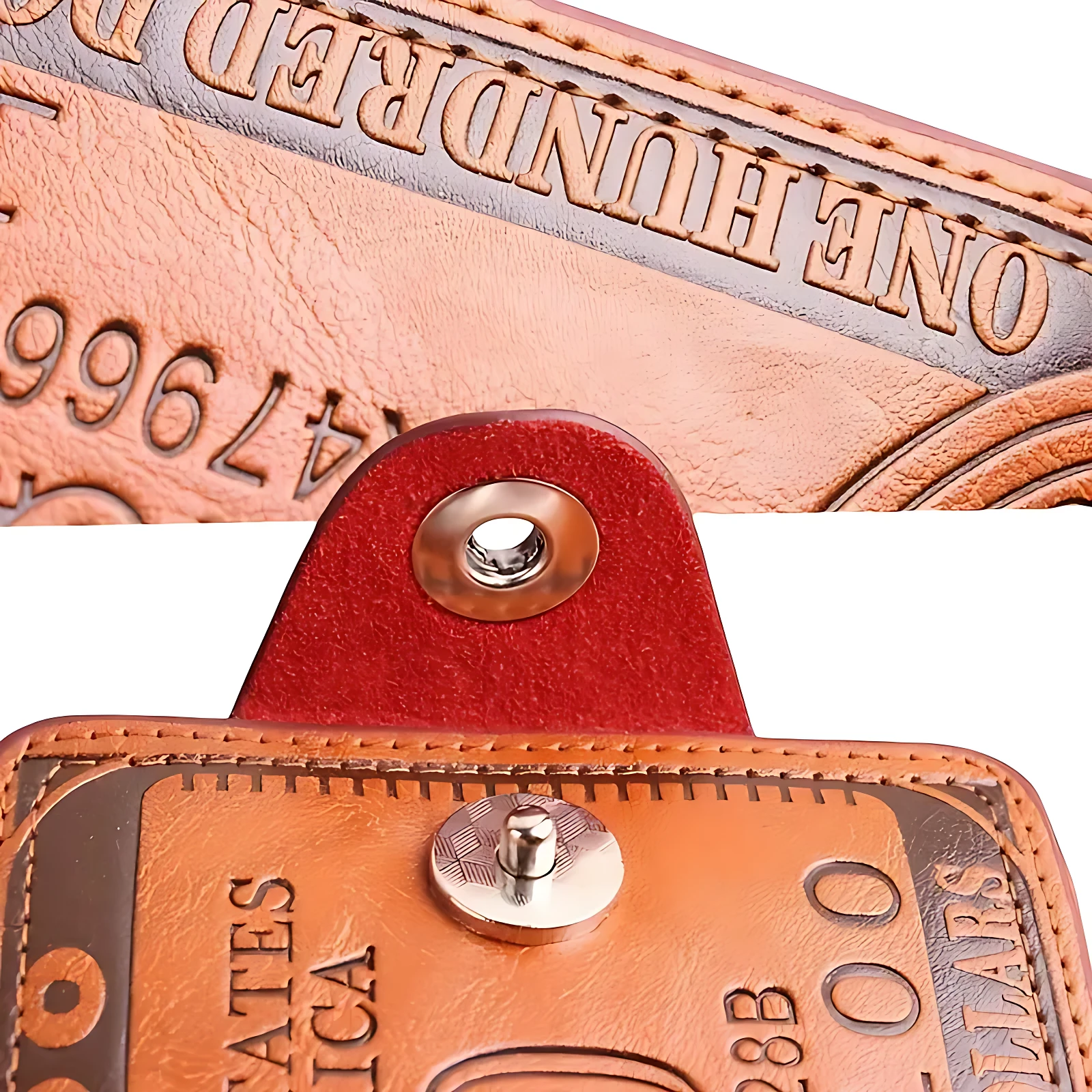 Billetera de cuero marrón con diseño de billete de cien dólares, cierre metálico y textura visible en detalles.