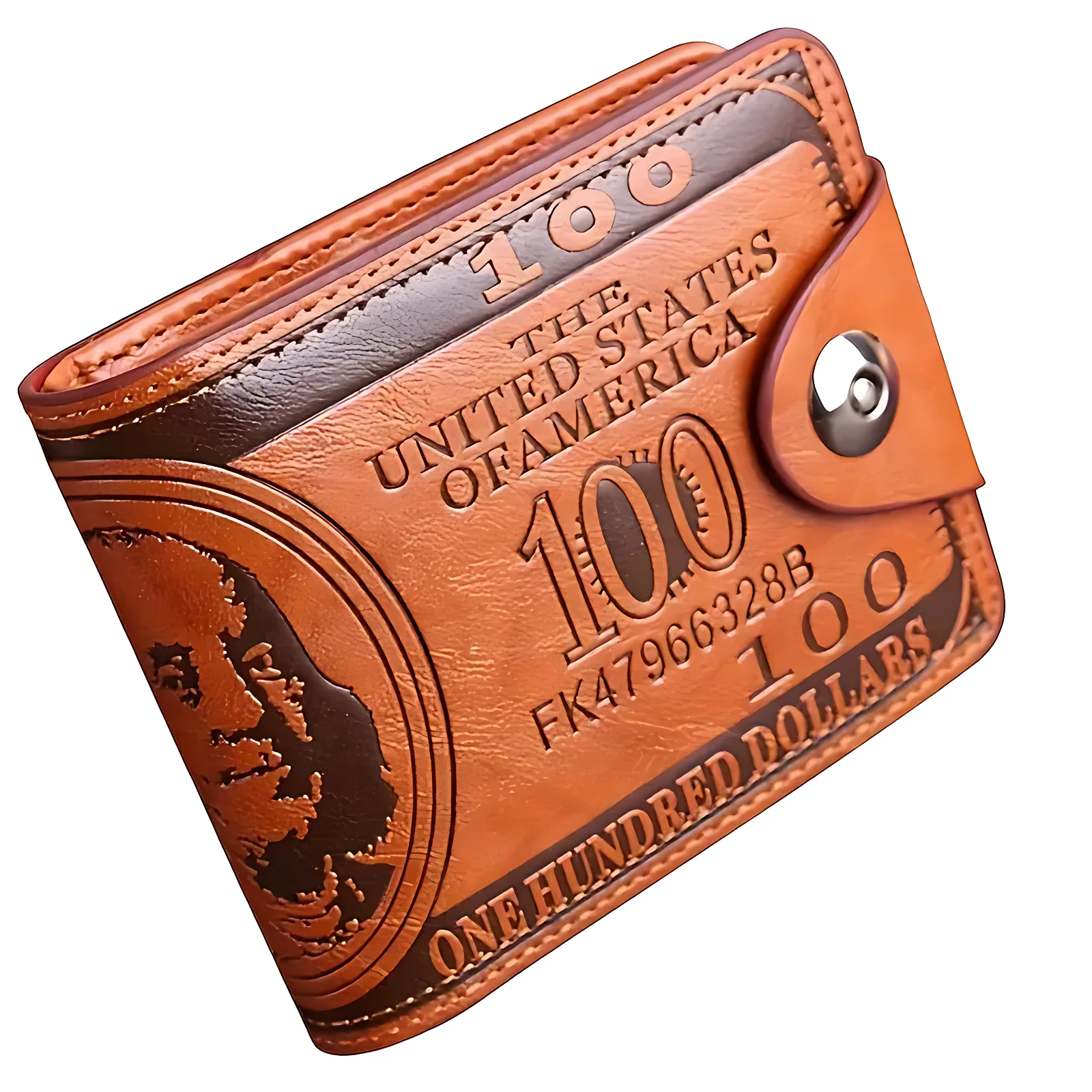 Billetera de cuero marrón con diseño de billete de cien dólares, cierre metálico y textura visible.