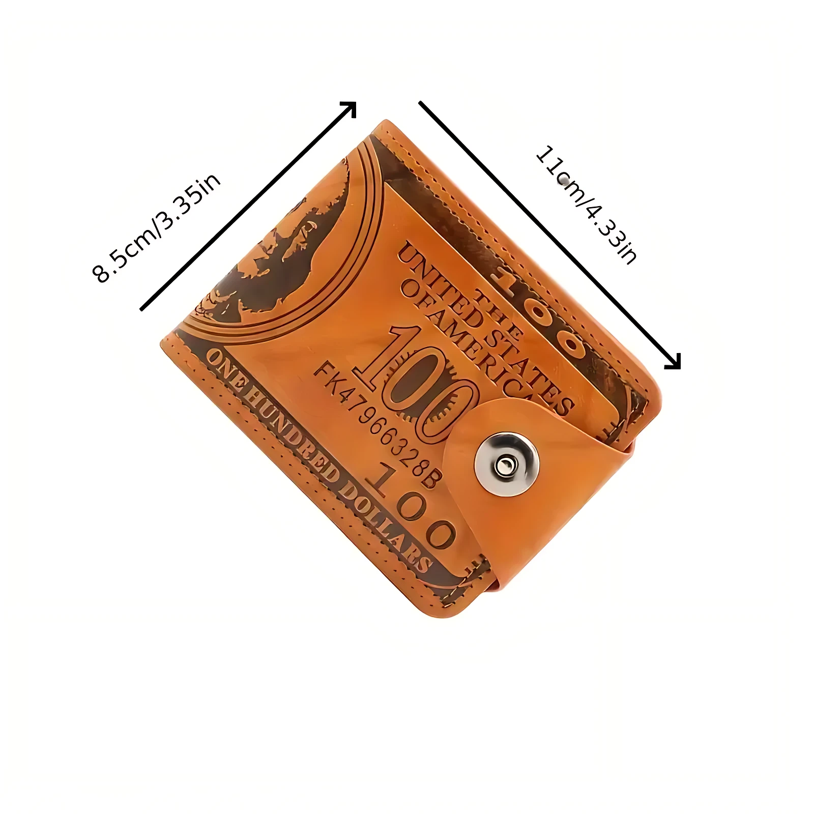 Billetera de cuero marrón con diseño de billete de cien dólares, mostrando medidas de 11 cm por 8,5 cm y cierre metálico visible.