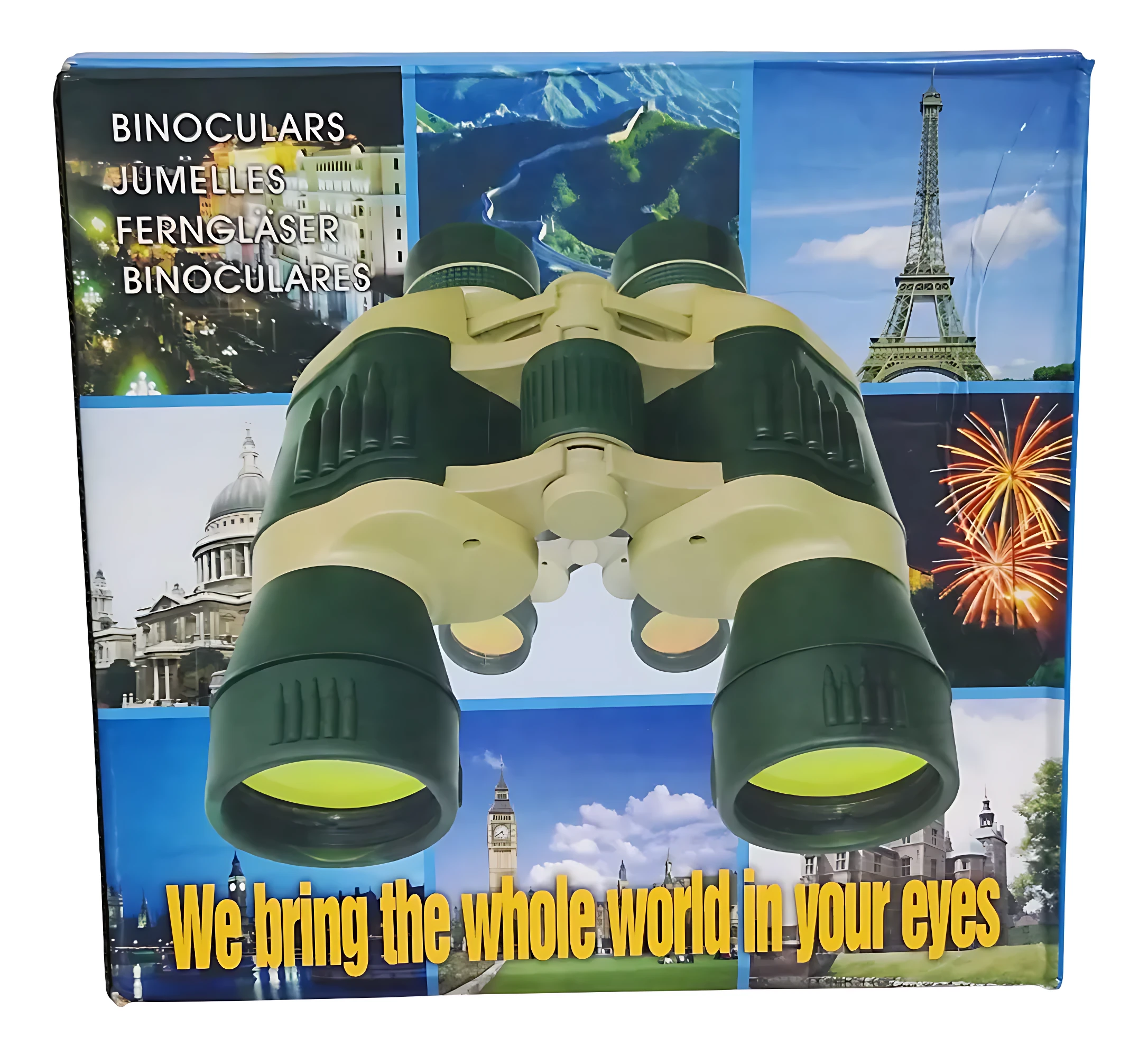 Binoculares de color verde y beige con lentes amarillos, sobre fondo con imágenes de paisajes y monumentos. Caja con texto multilingüe y frase promocional en español.