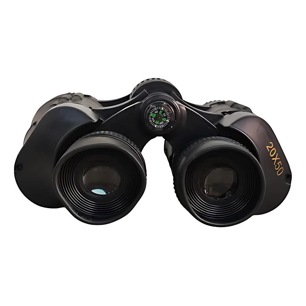 Binoculares prismáticos negros de 20x50, con brújula integrada en el puente y lentes grandes, ideales para observación de fauna y paisajes.