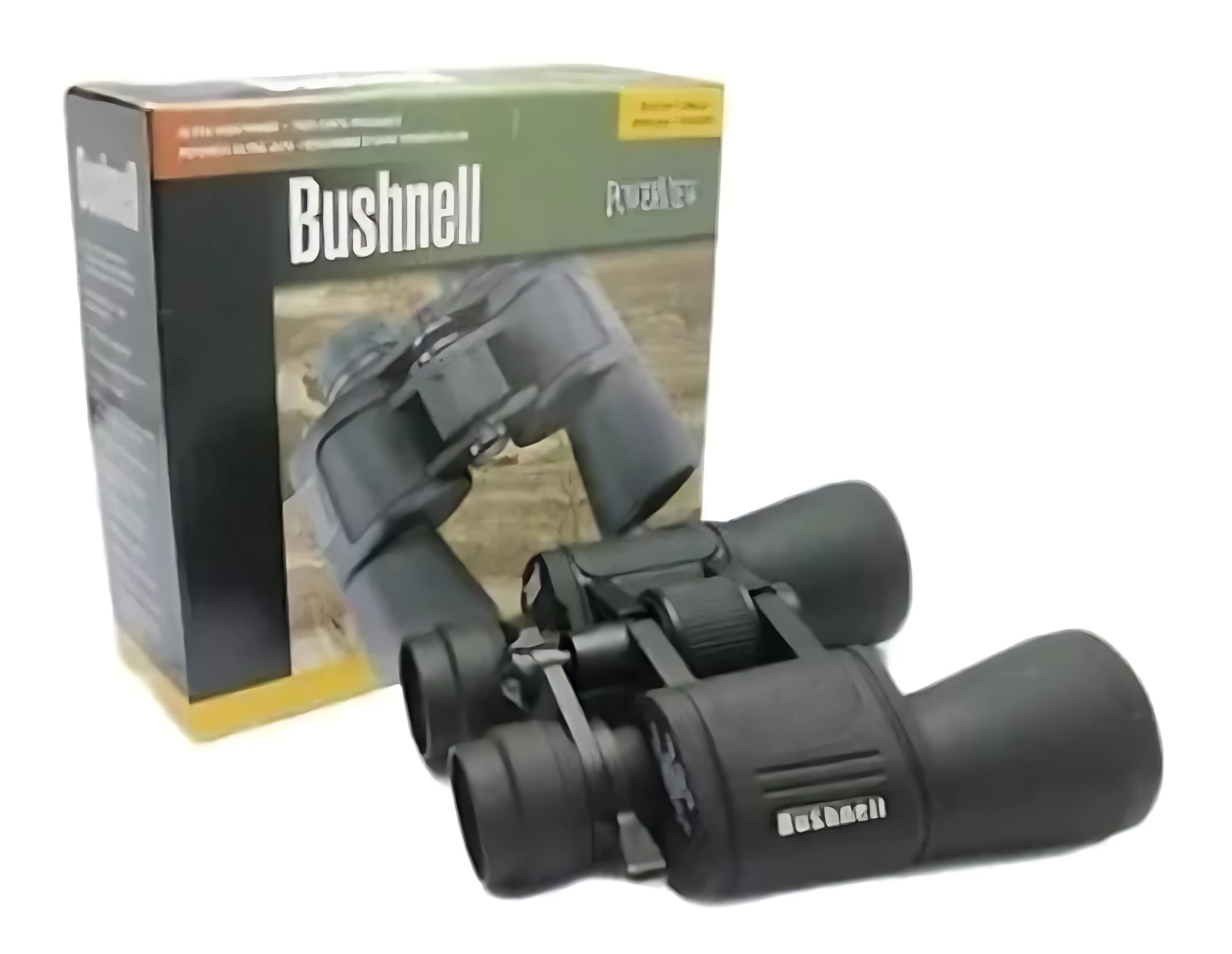 Binoculares Bushnell negros con caja, modelo 10-70X70, enfocados en observación de aves y planetas.