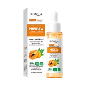 Serum Bioaqua Papaya y Vitamina C en presentación de 30 ml, con gotero y etiqueta naranja, acompañado de su caja. Ideal para renovar el brillo y suavidad de la piel.