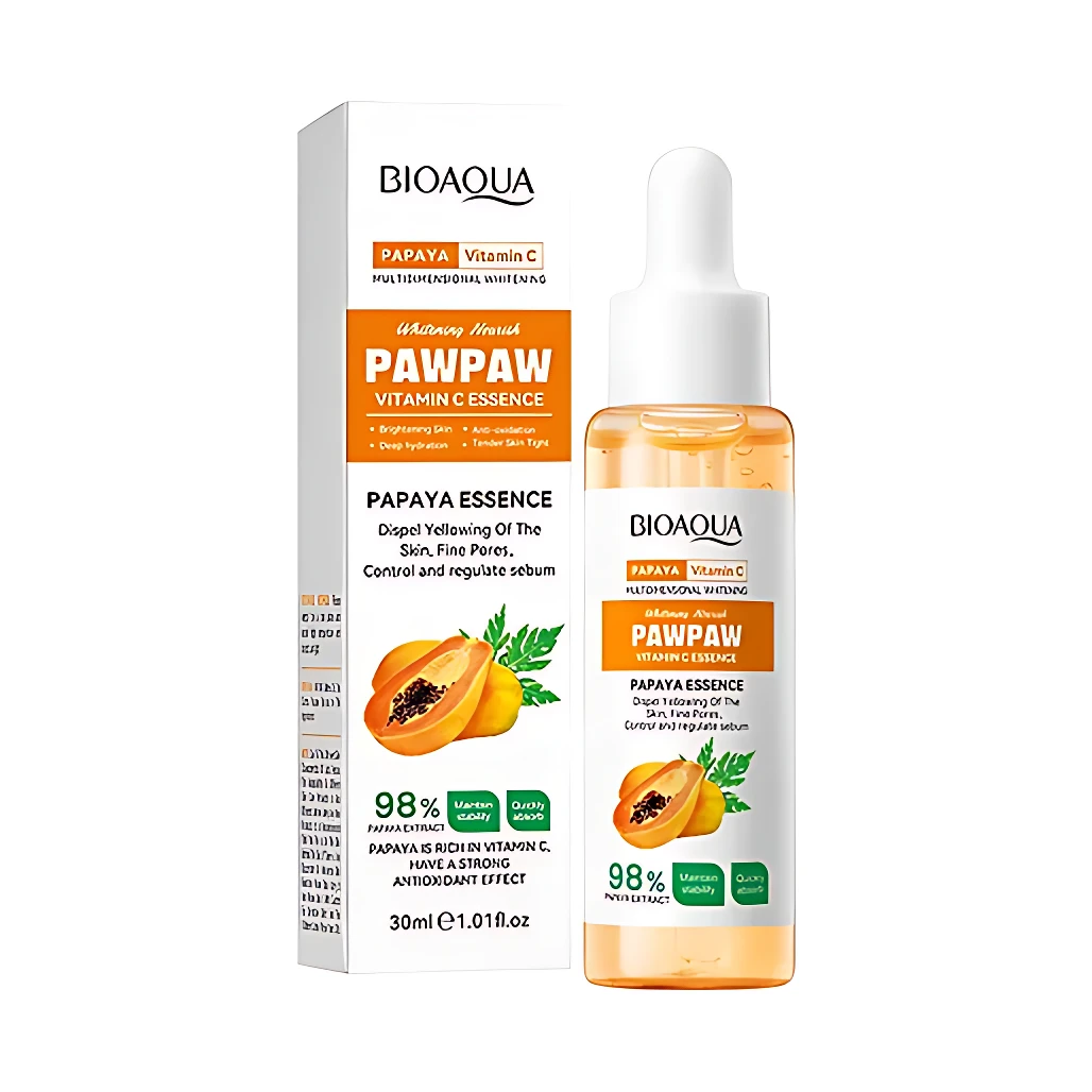 Serum Bioaqua Papaya y Vitamina C en presentación de 30 ml, con gotero y etiqueta naranja, acompañado de su caja. Ideal para renovar el brillo y suavidad de la piel.