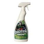 Botella spray de 500 ml del fertilizante Biotek Grow, con etiqueta verde y blanca que indica uso en plantas sanas sin químicos.