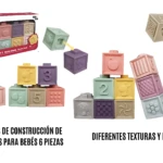 Seis bloques de construcción de silicona en colores pastel con texturas y figuras para bebés, mostrando caja, piezas individuales y apiladas.
