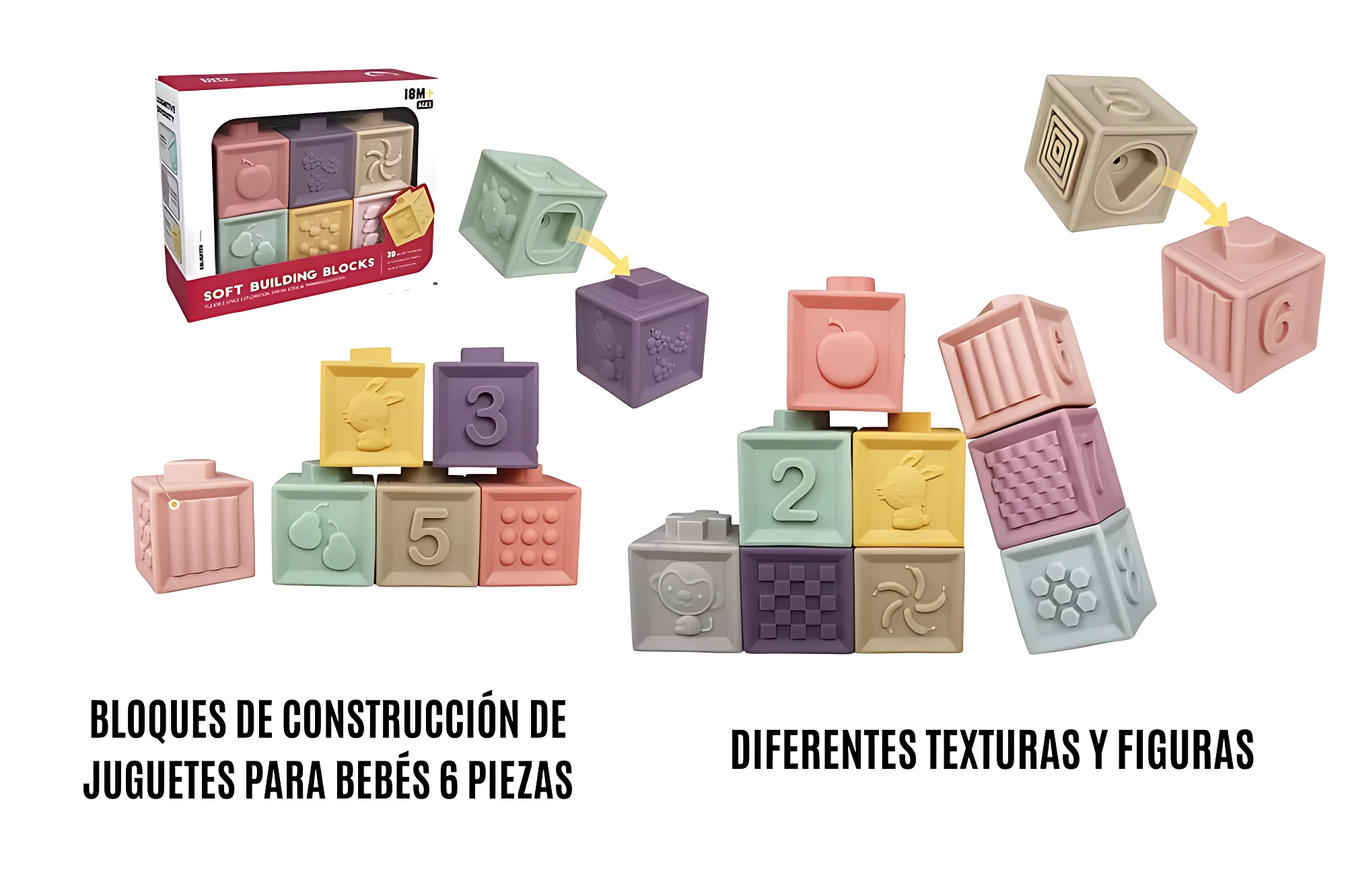 Seis bloques de construcción de silicona en colores pastel con texturas y figuras para bebés, mostrando caja, piezas individuales y apiladas.