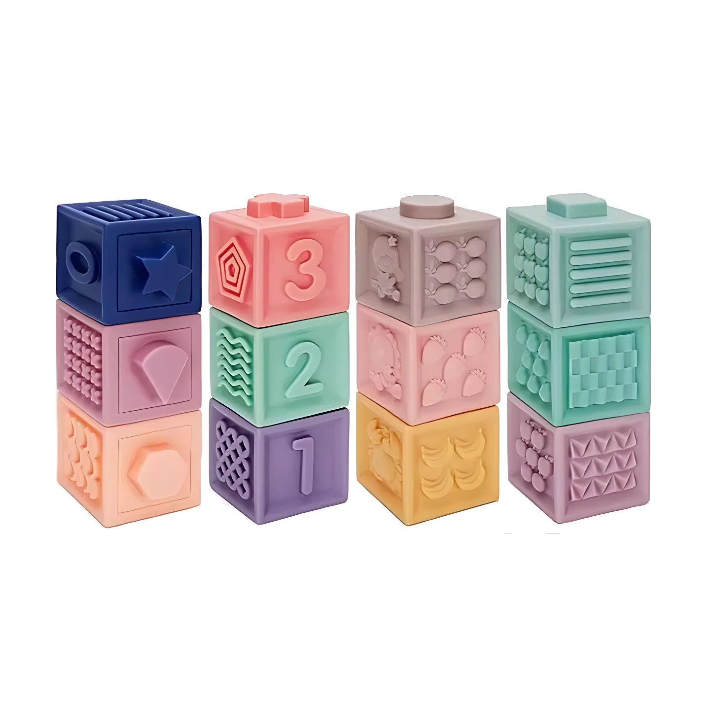 Cuatro torres de bloques de construcción de silicona en colores pastel con texturas y números para estimulación sensorial infantil.
