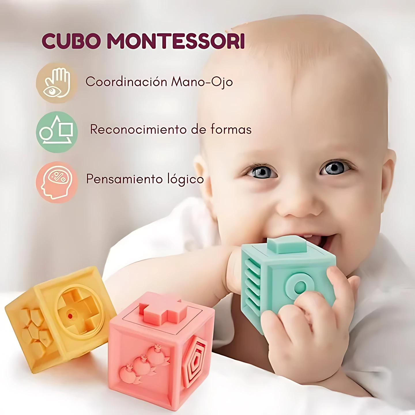 Bloques de construcción didácticos de silicona en colores amarillo, rosa y verde menta, con texturas y formas geométricas para morder, diseñados para estimular la motricidad y el aprendizaje temprano del bebé.