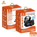 Caja naranja del sistema Bluetooth Jeqang JH-M852 para cascos, mostrando auriculares inalámbricos y visor de casco negro.