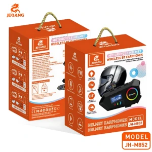 Caja naranja del sistema Bluetooth Jeqang JH-M852 para cascos, mostrando auriculares inalámbricos y visor de casco negro.