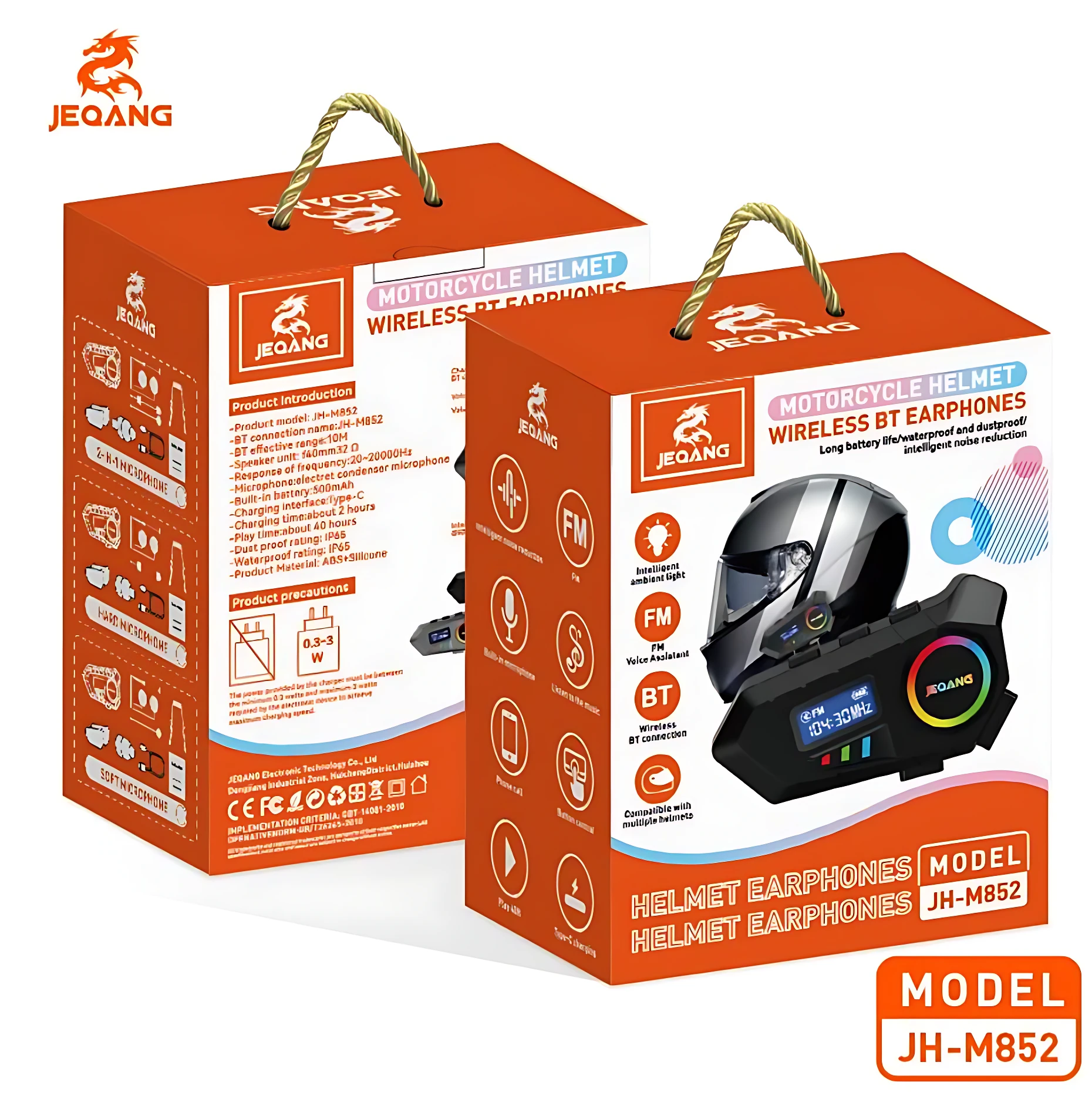 Caja naranja del sistema Bluetooth Jeqang JH-M852 para cascos, mostrando auriculares inalámbricos y visor de casco negro.