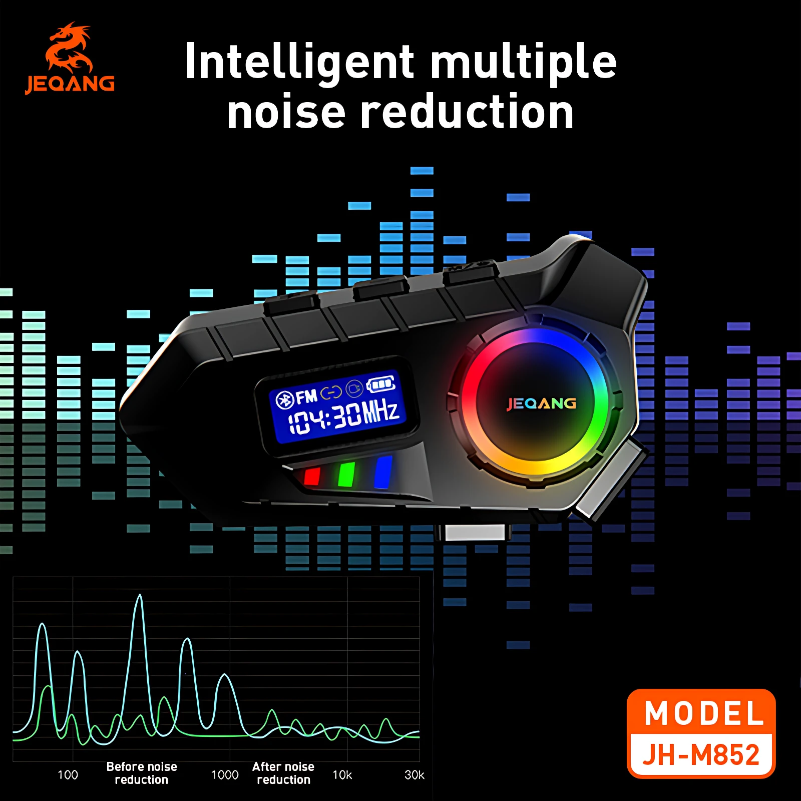 Reproductor Bluetooth Jeqang JH-M852 negro con pantalla digital y anillo de luz RGB multicolor, diseñado para cancelación de ruido activa.