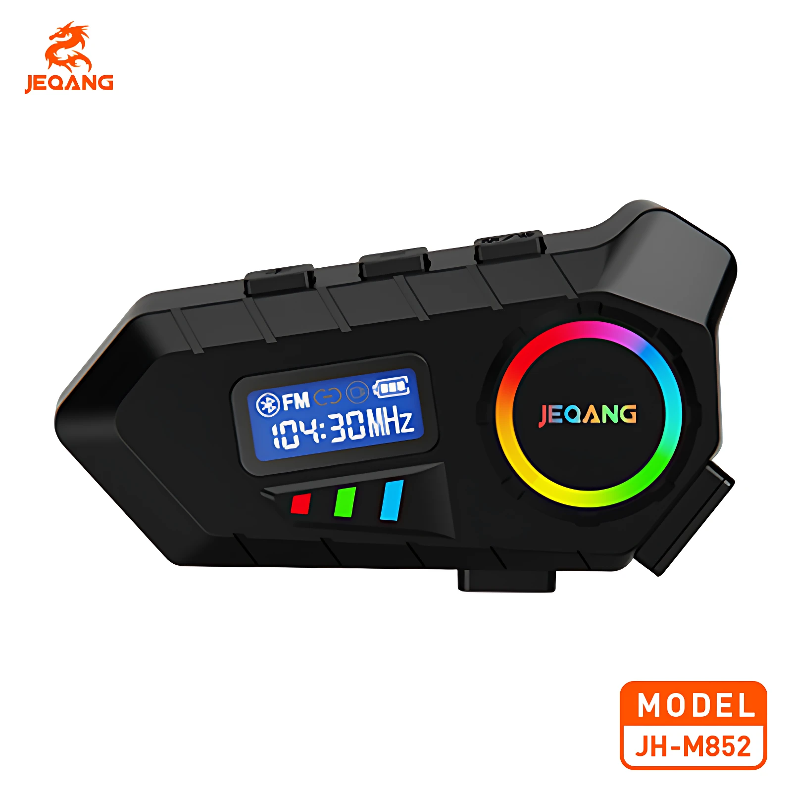 Sistema Bluetooth Jeqang JH-M852 en color negro, con pantalla digital azul mostrando frecuencia FM 104.30 MHz, botón circular multicolor con logo y luces LED rojas, verdes y azules en la parte inferior.