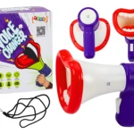 Megáfono didáctico con efectos de voz, color blanco y morado, incluye accesorios de boca y micrófono, caja con y correa de transporte.
