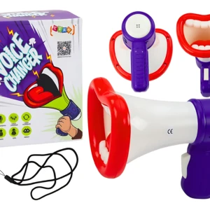 Megáfono didáctico con efectos de voz, color blanco y morado, incluye accesorios de boca y micrófono, caja con y correa de transporte.