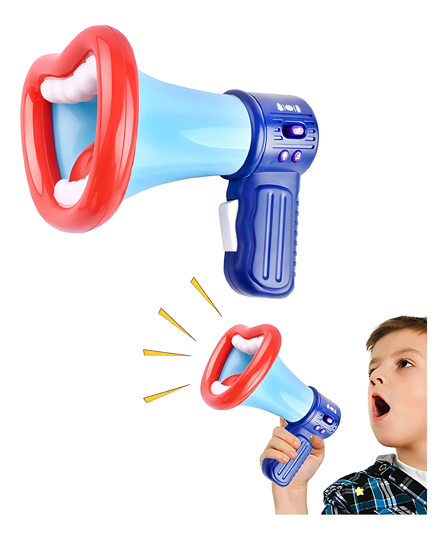 Megáfono didáctico azul con mango ergonómico y boca roja en forma de corazón, mostrando vista frontal y en uso por niño.