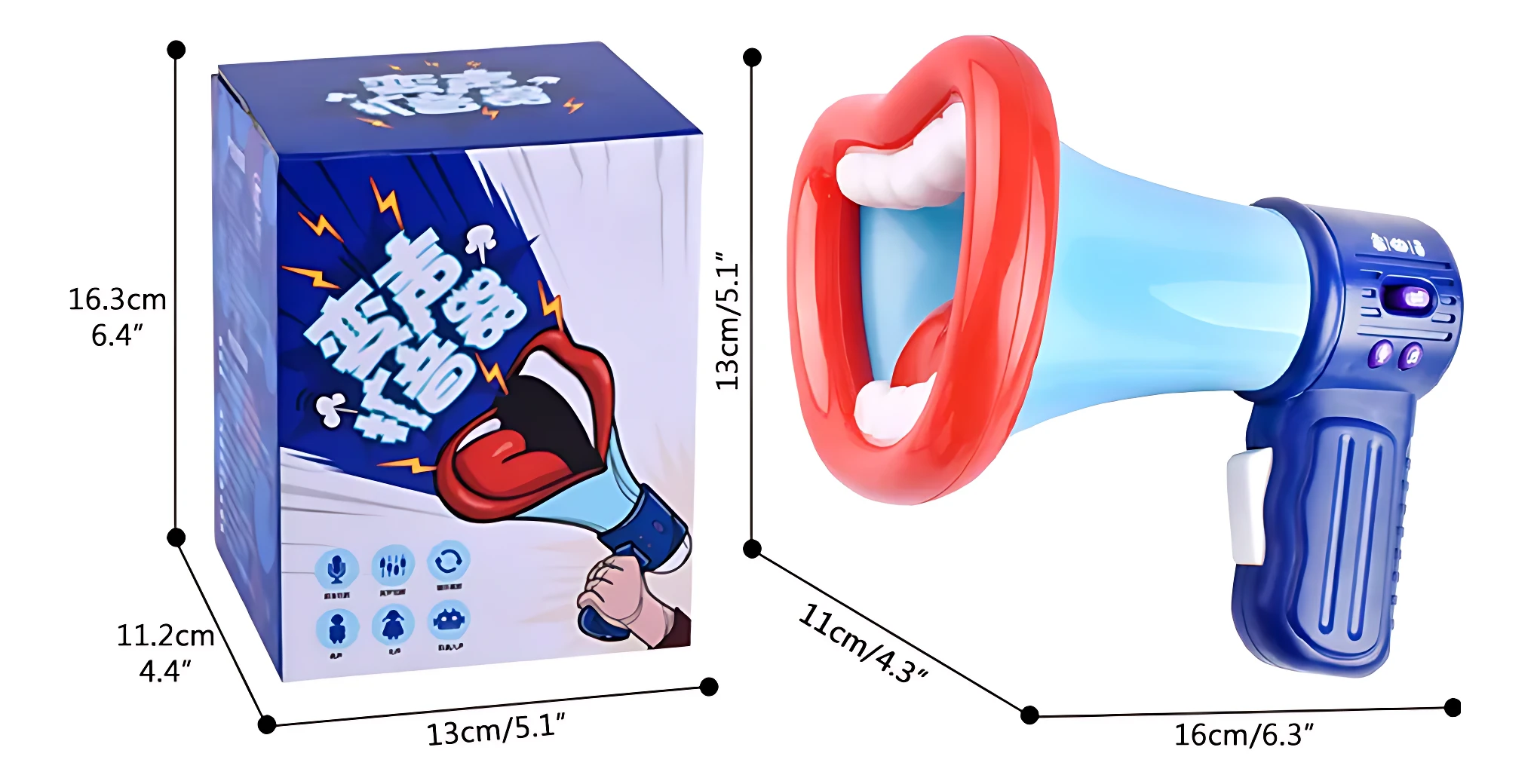 Megáfono didáctico azul con mango ergonómico y borde rojo, mostrando medidas en cm e pulgadas; incluye caja con de boca gritando y efectos de voz divertidos.