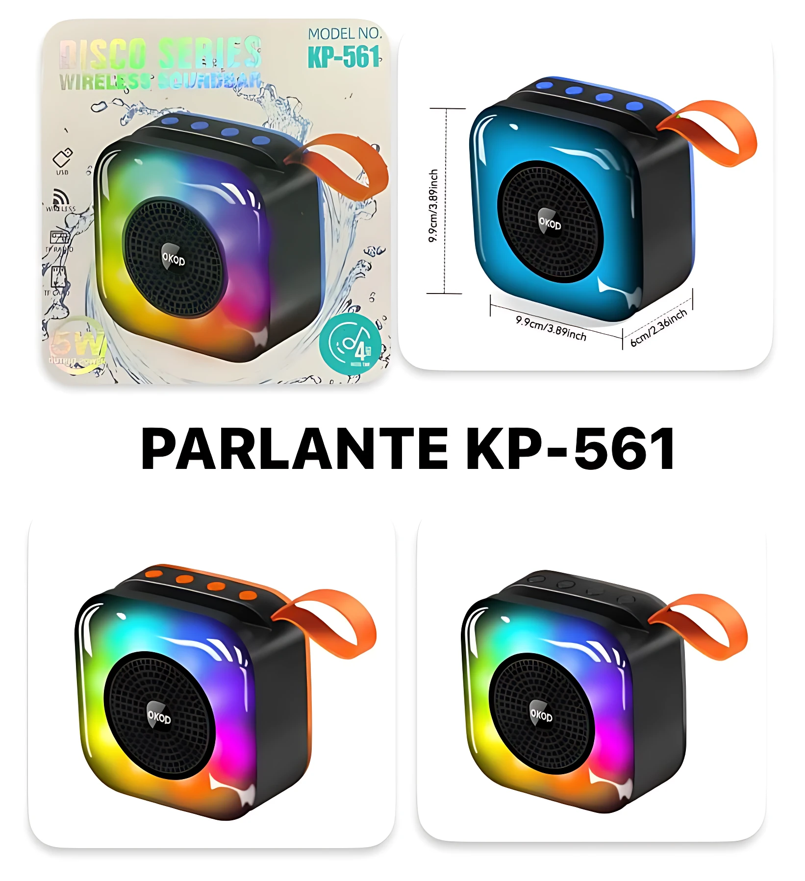 Bocina parlante KP-561 en caja y vista frontal con luces LED multicolor, dimensiones 9.7cm x 9.7cm x 3.8cm, asa naranja y diseño compacto.