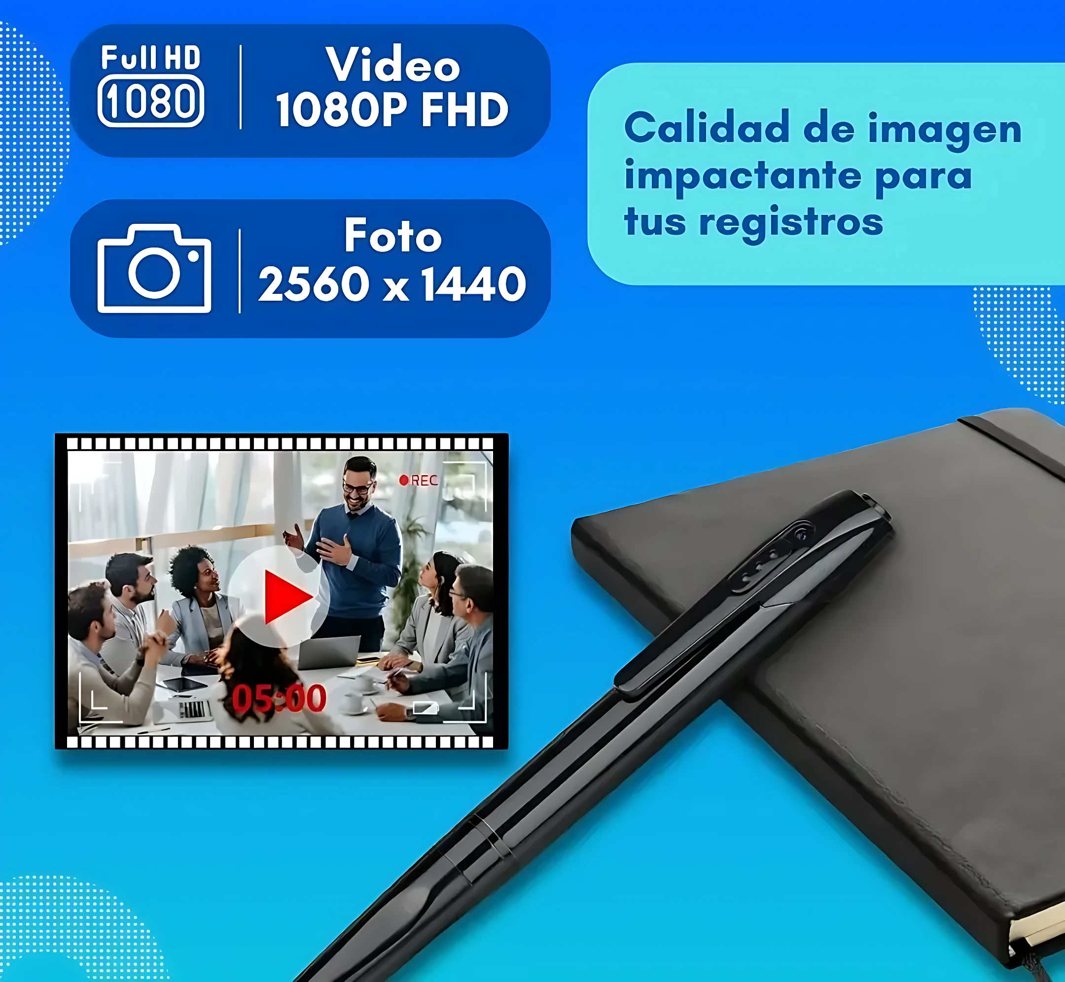 Bolígrafo negro con cámara integrada, mostrando video de reunión en pantalla y especificaciones de 1080p y 2560x1440.