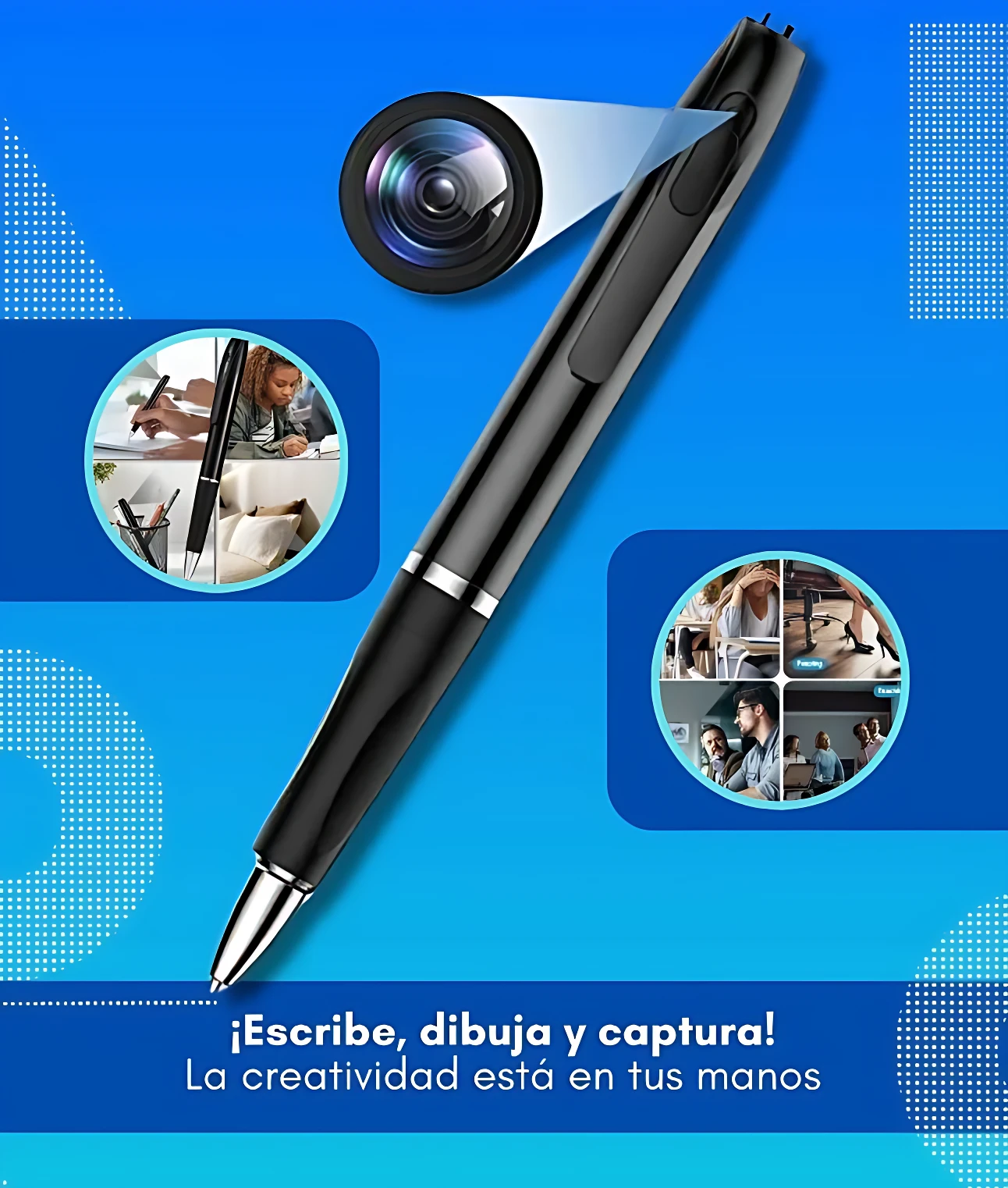 Bolígrafo negro con cámara integrada en la punta, mostrando funcionalidad de escritura y grabación de video en entornos educativos y profesionales.