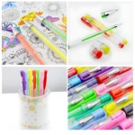 Cuatro bolígrafos de gel neón en colores vibrantes, con punta fina de 0.09 mm, ideales para resaltar apuntes escolares y documentos.