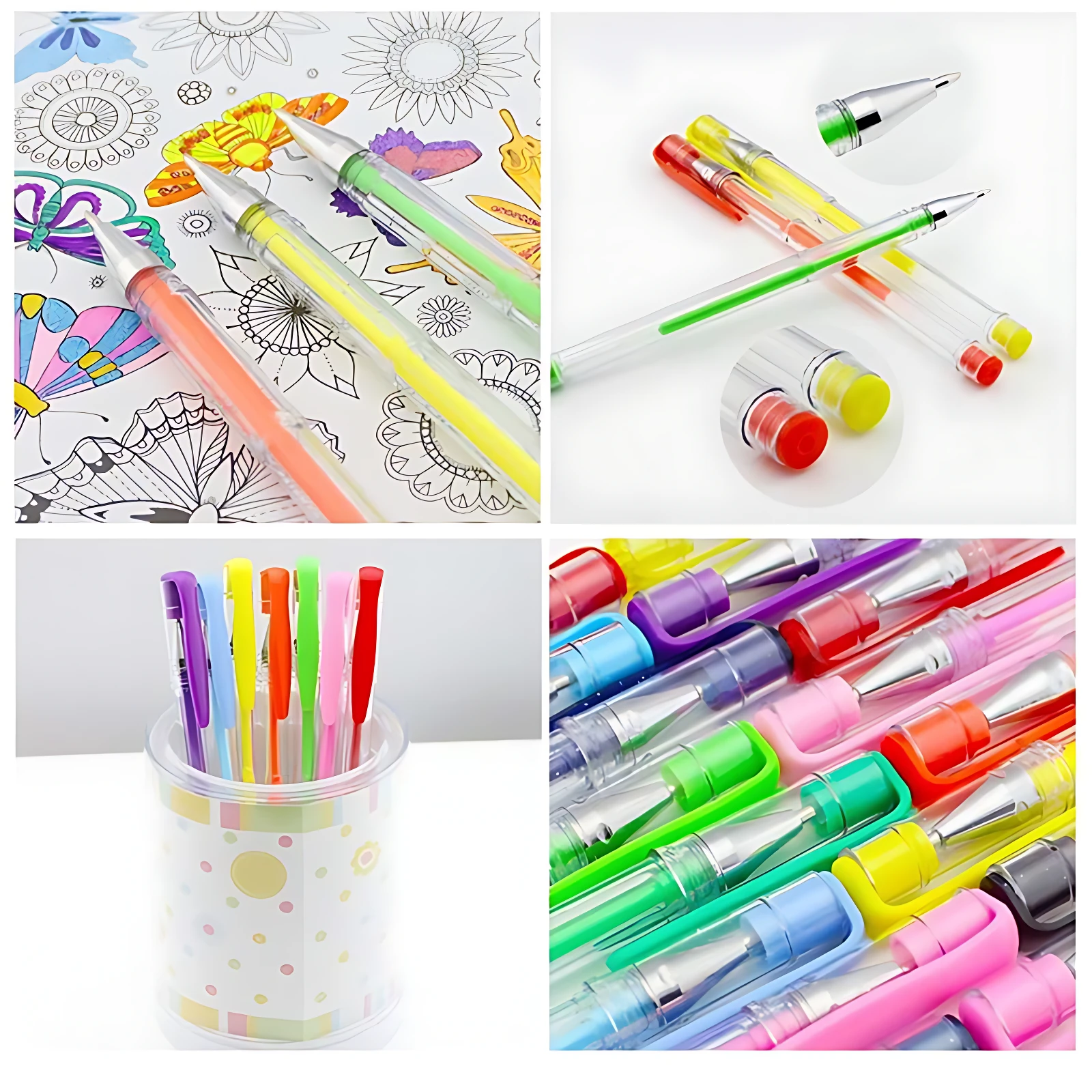 Cuatro bolígrafos de gel neón en colores vibrantes, con punta fina de 0.09 mm, ideales para resaltar apuntes escolares y documentos.