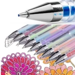 Bolígrafo gel neón 0.09mm con punta metálica y tinta azul visible, en conjunto de seis colores vibrantes para resaltar apuntes escolares y documentos.